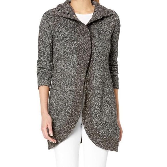 PrAna Angelica Charcoal Gray Long Cardigan Sweater Contrast Wool Mohair Trim LRG - Picture 14 of 16